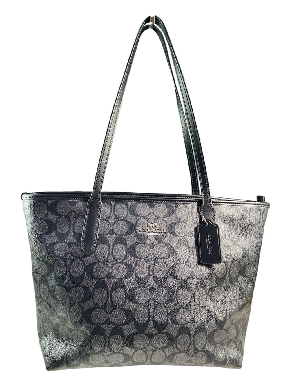 Coach City Tote Medium Silver Grey Black Monogram Coated Canvas 2019 Work Office